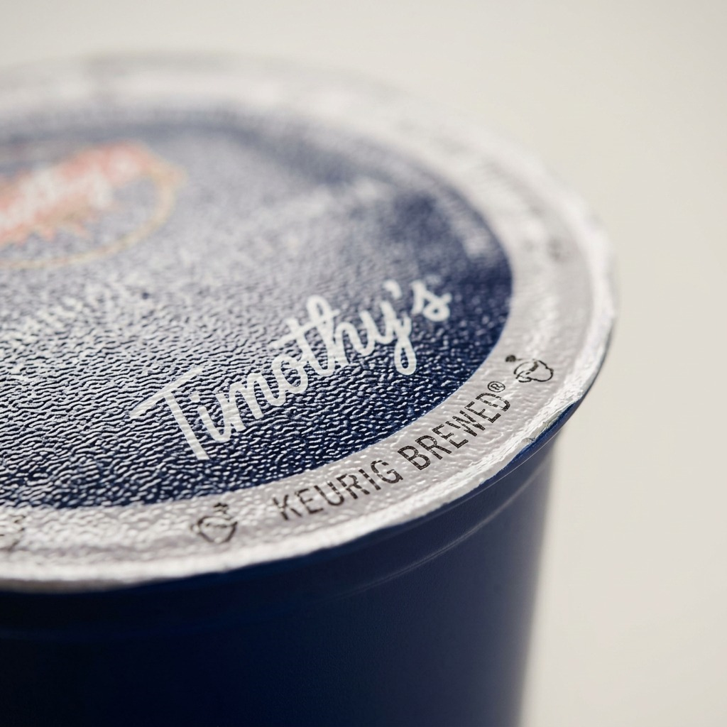 Extreme macro photo showing detailed foil texture and sharp text printing on the K-Cup K-Cup lid.