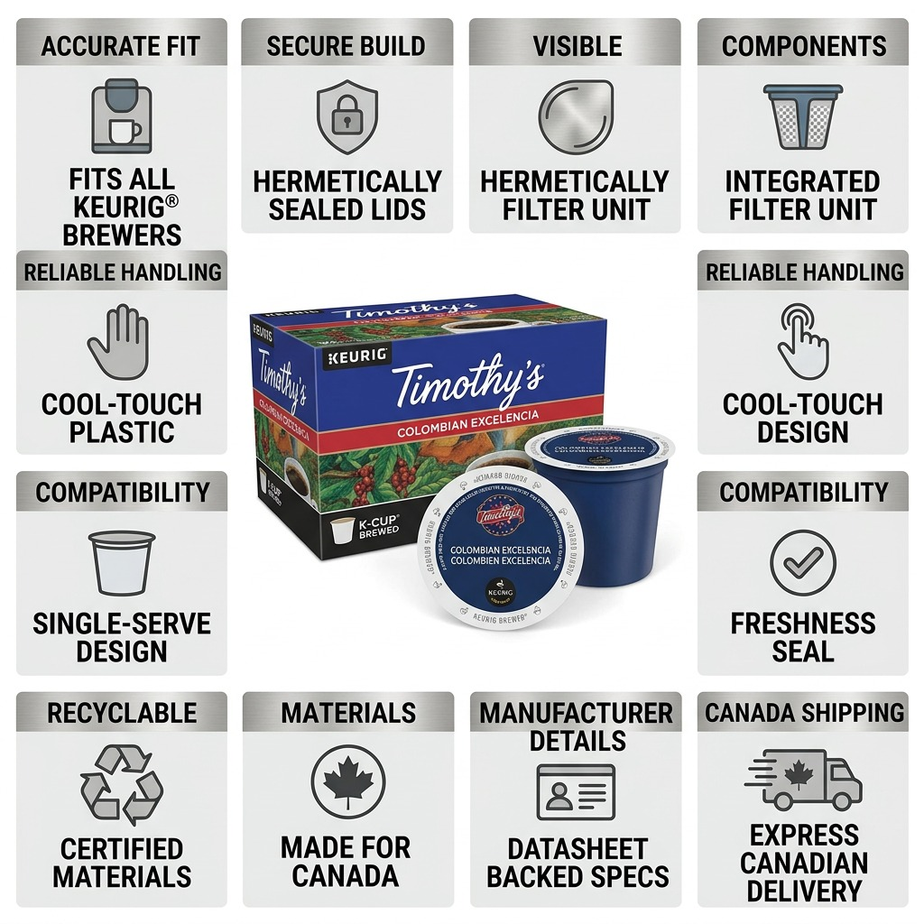 Infographic overview of Timothy's Colombian Excelencia K-Cups with trust cues.