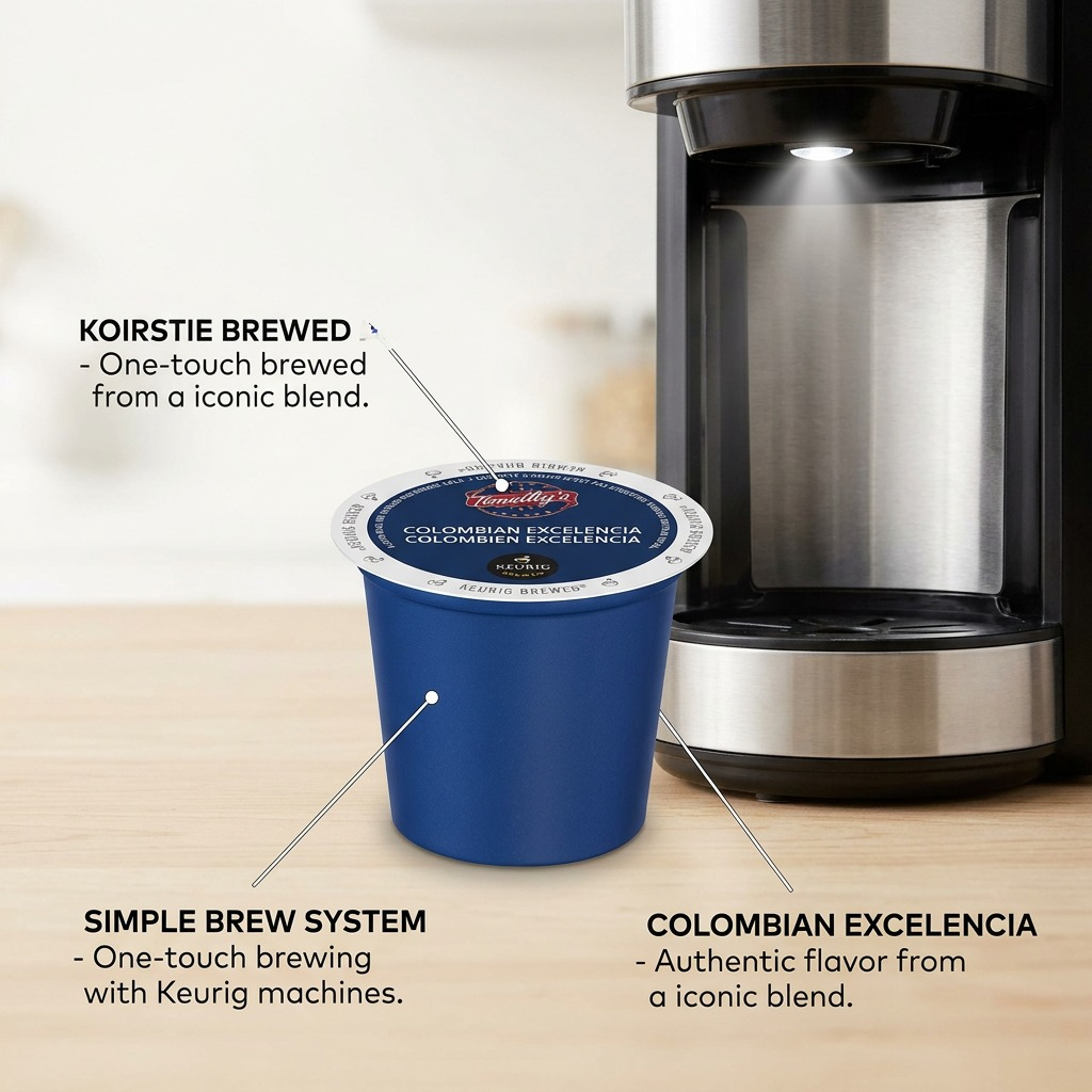 An e-commerce graphic highlights Timothy's Colombian Excelencia K-Cup compatibility with Keurig brewers for simple, one-touch coffee.