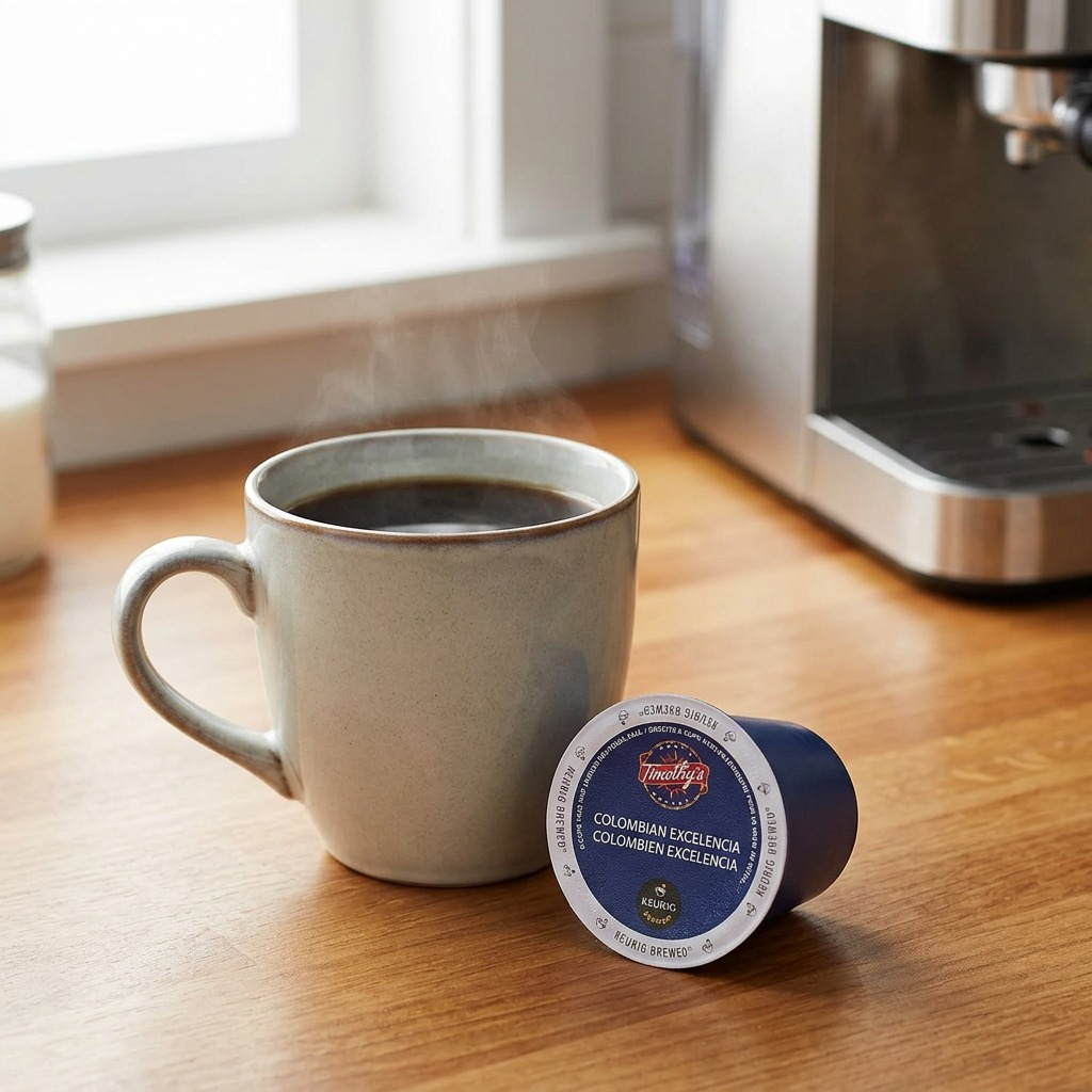 Lifestyle image showing a Timothy's Colombian Excelencia Keurig coffee pod Next to a cup with hot coffee.