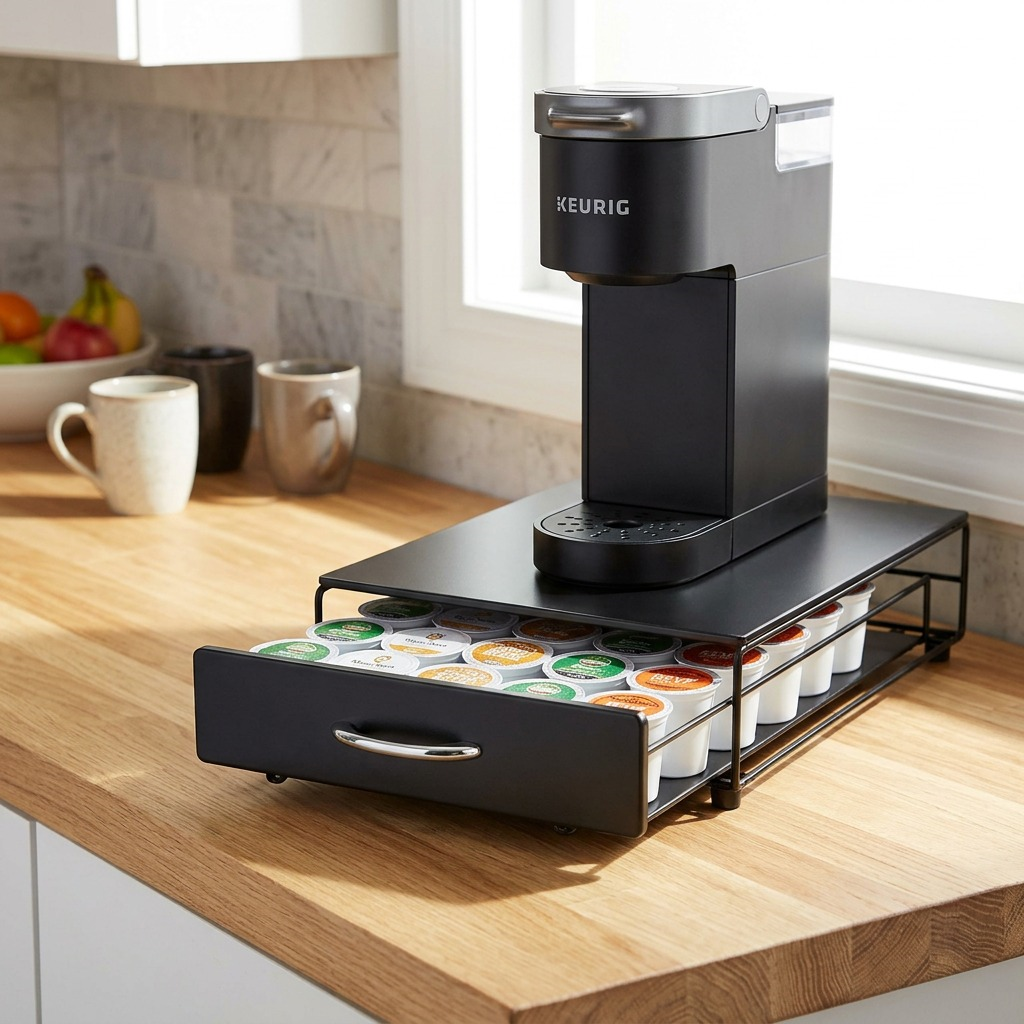 A lifestyle shot on a breakfast counter showing the Keurig 35-count rolling drawer neatly holding colorful K-Cup pods, positioned under a small coffee maker.