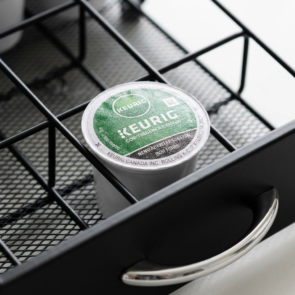 Extreme close-up of a K-Cup with a distinct label sitting perfectly within its wire-frame divider slot in the drawer.