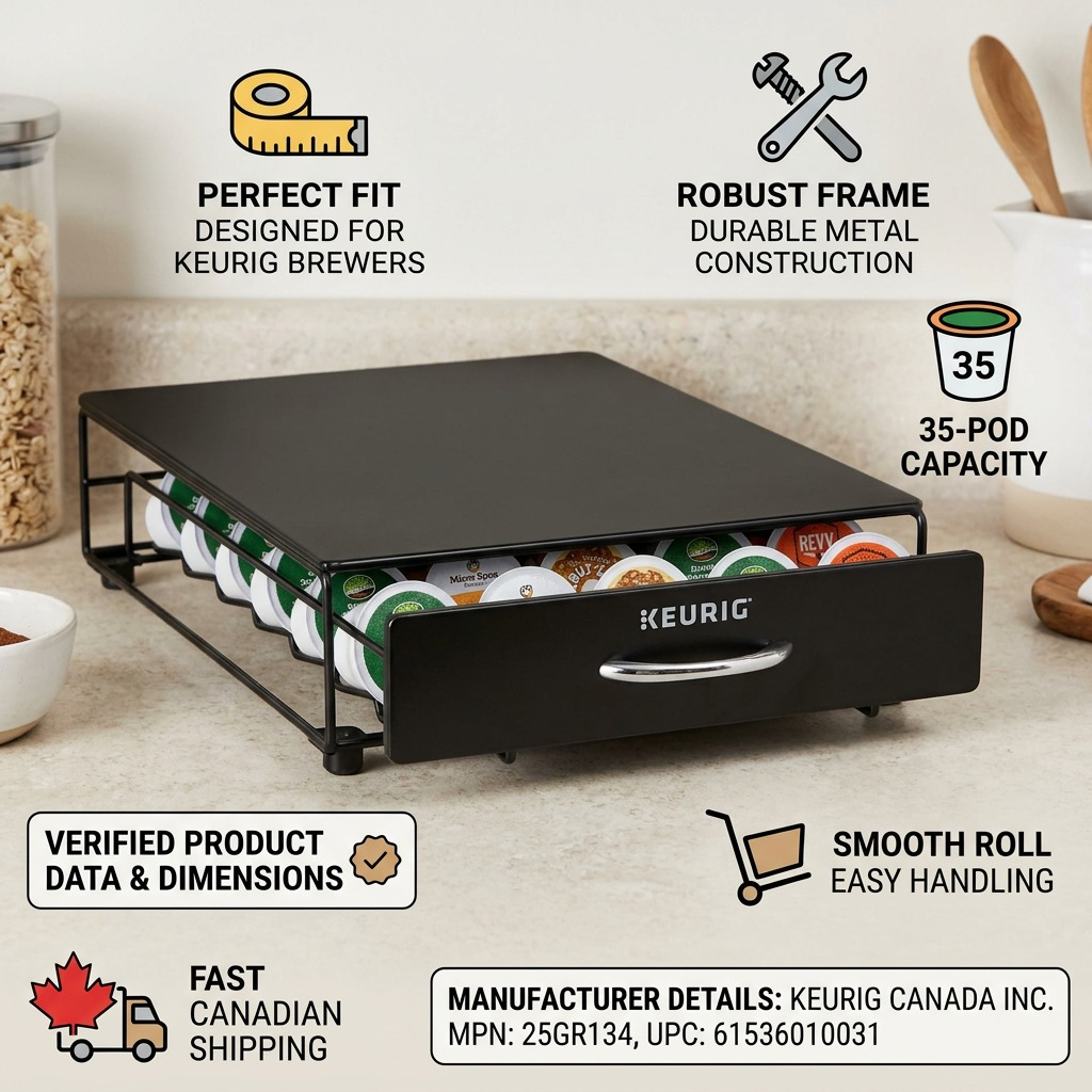 Trust infographic for Keurig drawer with product details, icons, and Canadian shipping info.