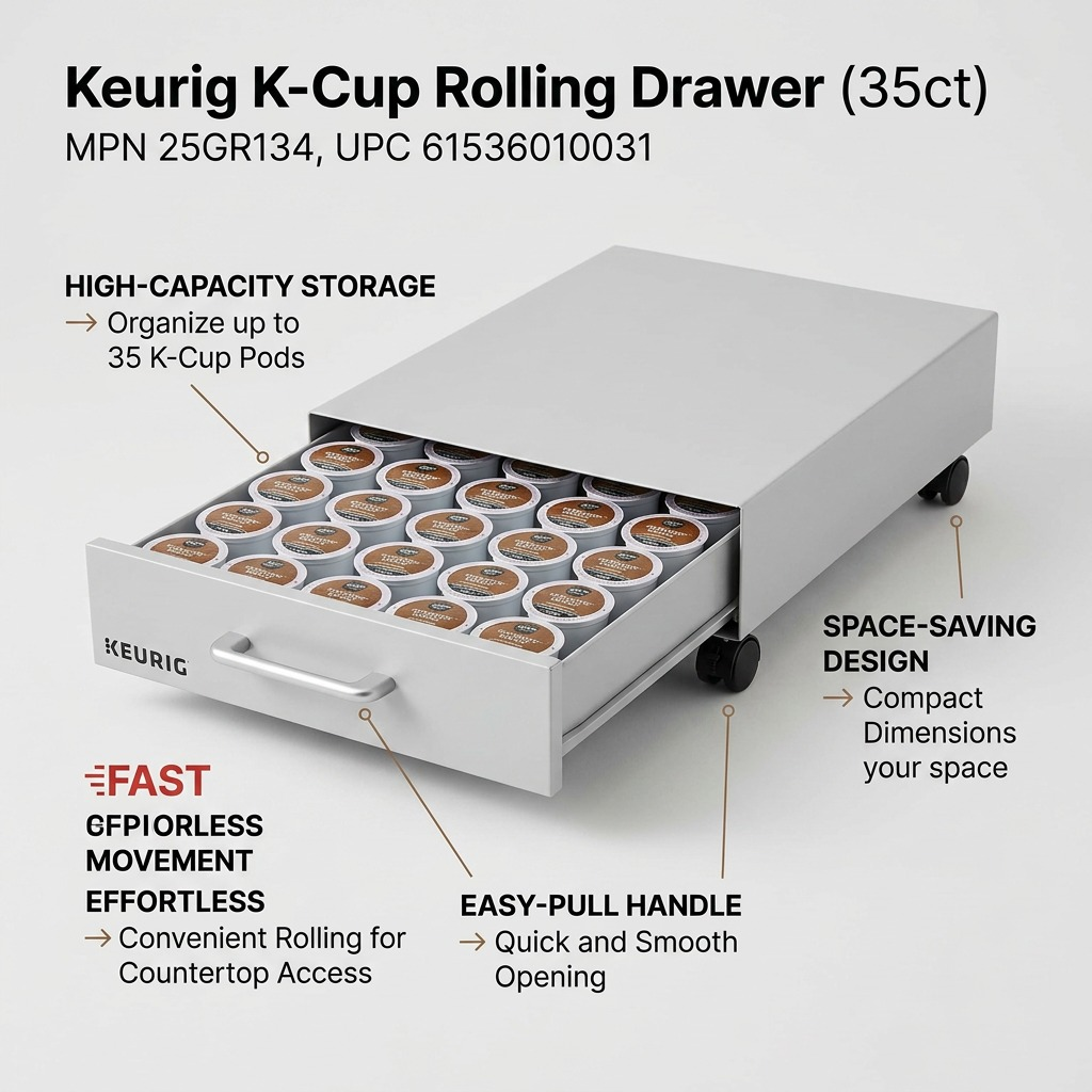 A polished feature callout graphic for the Keurig K-Cup Rolling Drawer. Thin lines point from brief product benefit text to relevant features: "High-Capacity Storage (up to 35 Pods)," "Effortless Movement (Rolling Wheels)," "Easy-Pull Handle," and "Space-Saving Design." Product details: Keurig Canada Inc. ROLLING K-CUP KEURIG DRAWER 35CT, MPN 25GR134, UPC 61536010031. Minimalist background with 'FAST CANADIAN SHIPPING' badge.