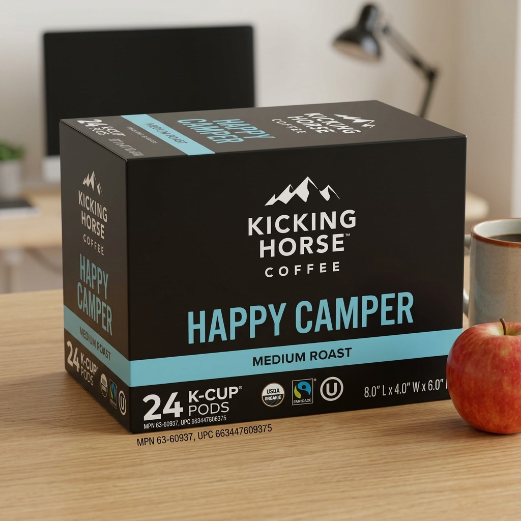 A Kicking Horse Coffee Happy Camper box is shown next to an apple, illustrating its compact 8"x4" size.