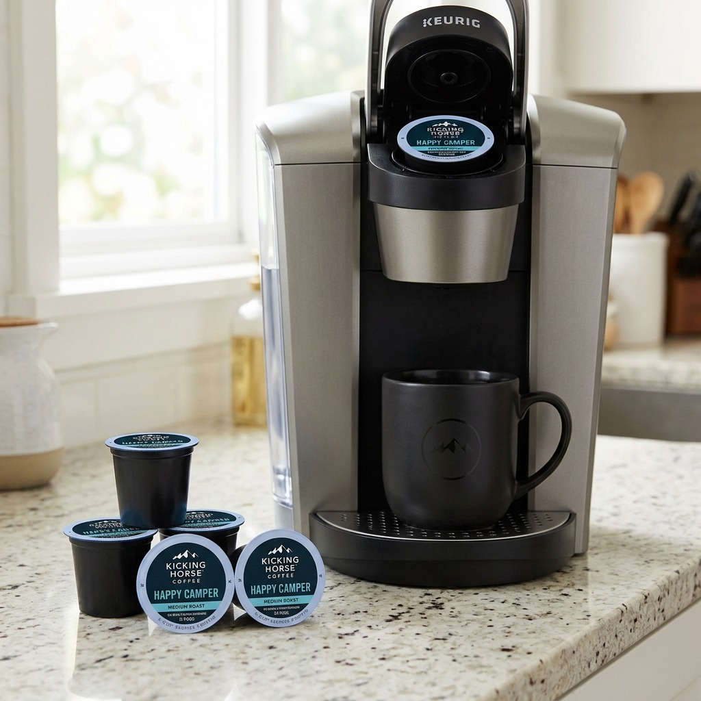 A detailed, close-up photo of several open Kicking Horse Happy Camper K-Cup pods ready to be brewed in a Keurig machine in a home kitchen setting.
