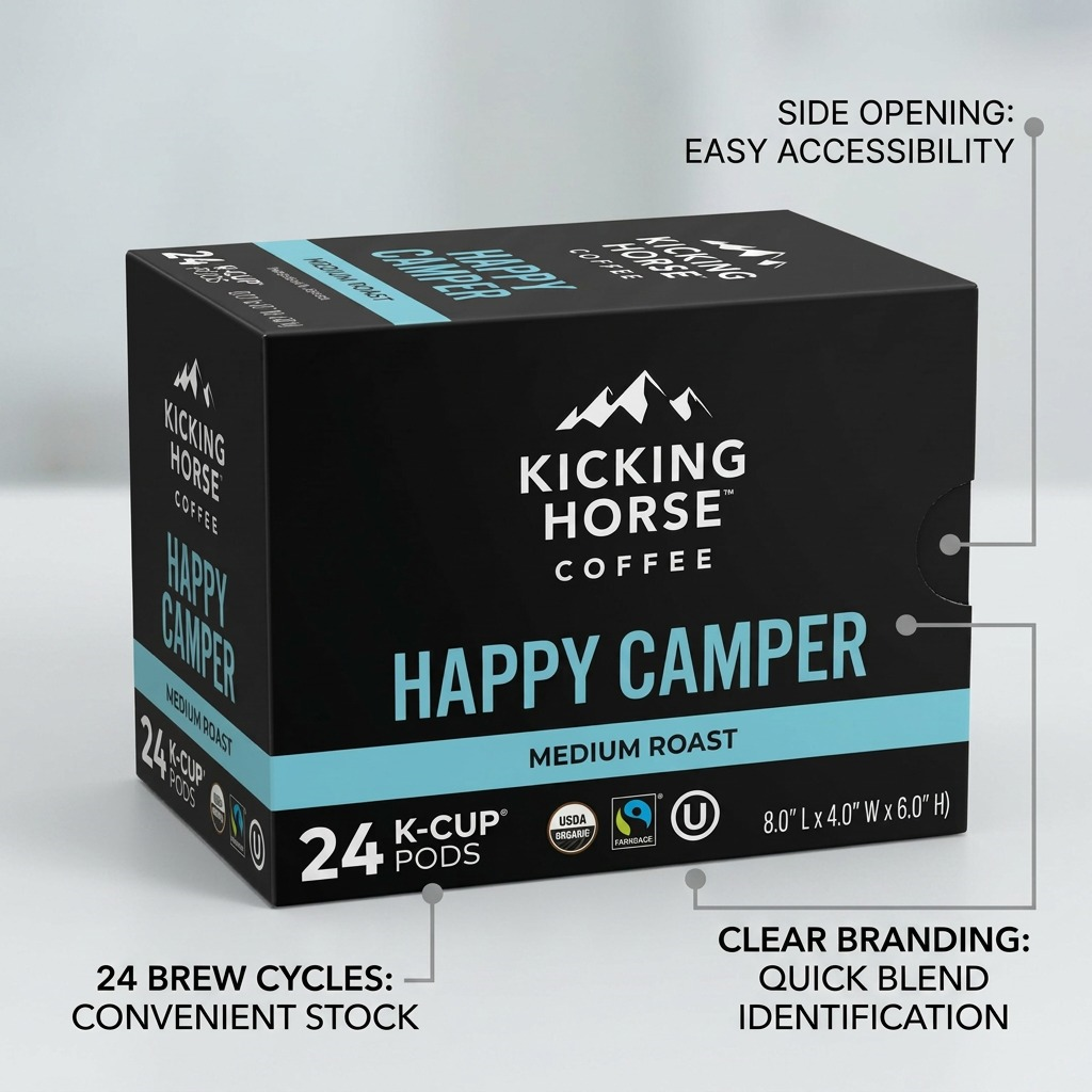 Kicking Horse Happy Camper K-Cup box with feature callouts for 24 brew cycles and easy side opening.