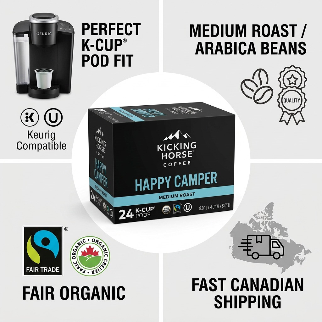 Infographic featuring the Kicking Horse Happy Camper K-Cup box, highlighting certification icons and Canadian shipping.