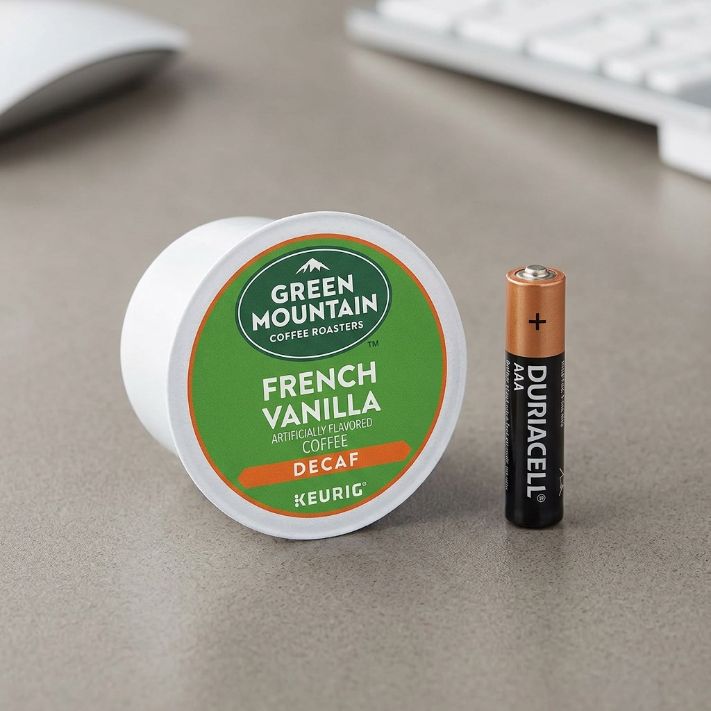 A Green Mountain French Vanilla Decaf K-Cup sitting next to a generic AAA battery.