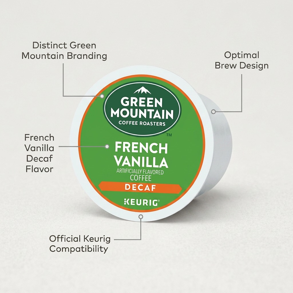 Infographic on Green Mountain French Vanilla Decaf K-Cup features with pointer lines and minimal text.