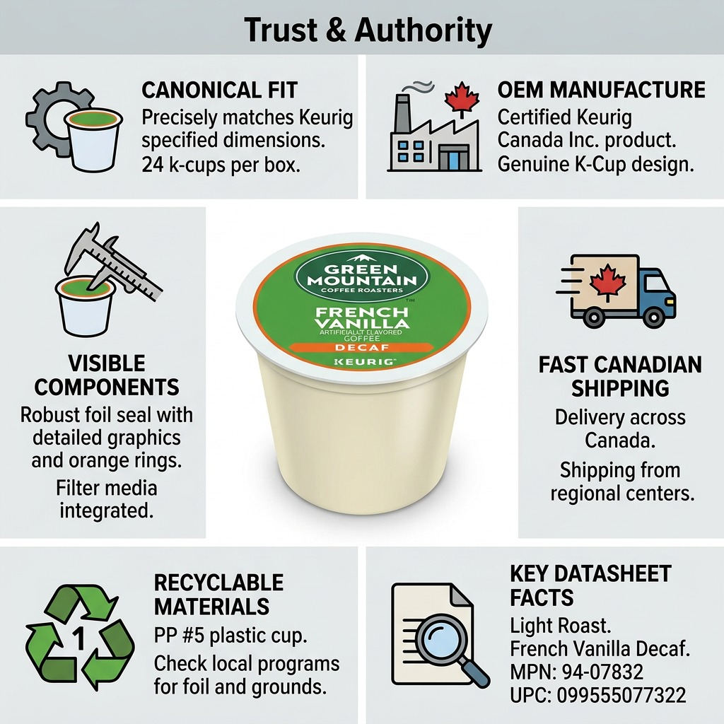 Infographic matrix showing a Green Mountain French Vanilla Decaf K-Cup with six benefit icons and short text.