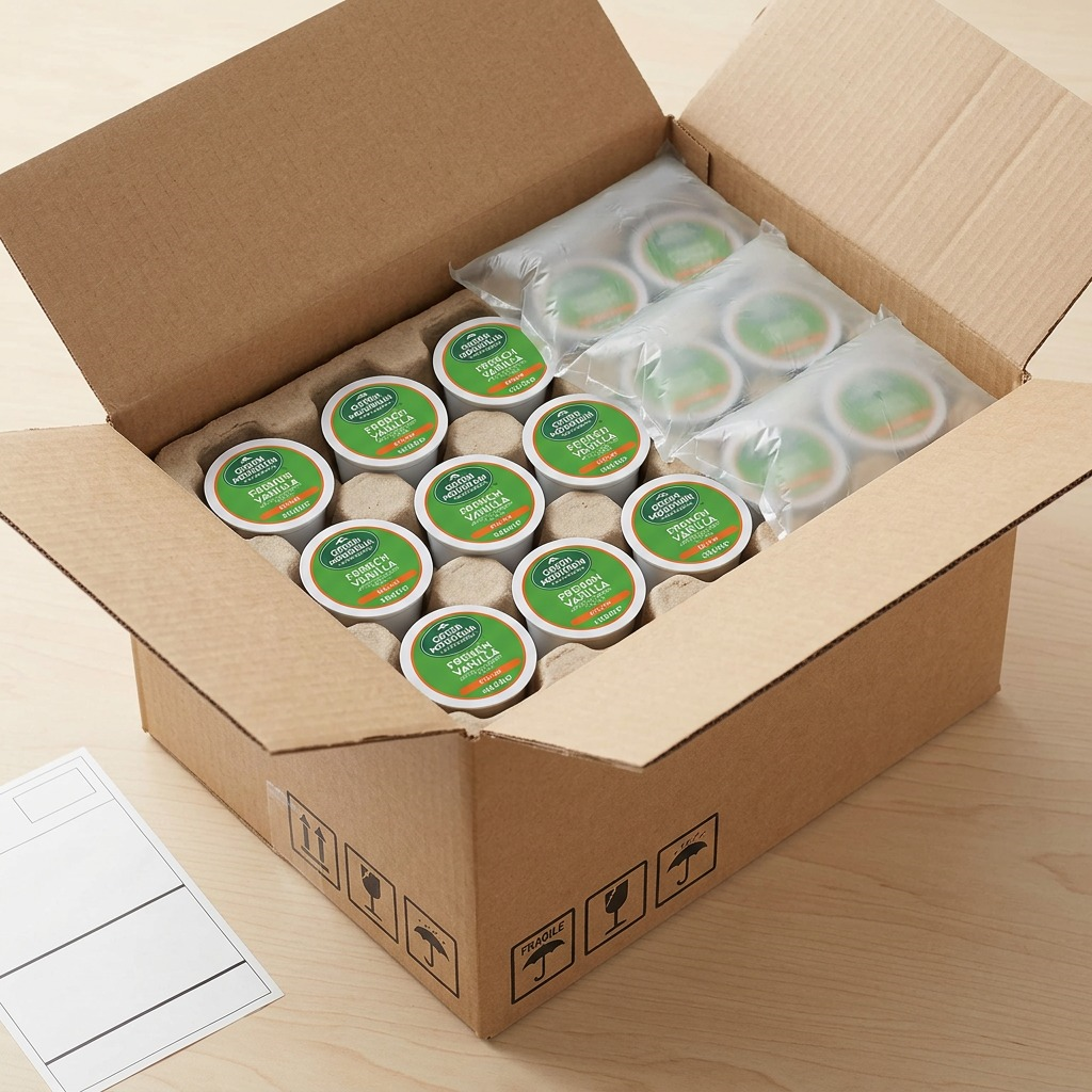 An open, clean shipping box shows neatly arranged air pillows and multiple coffee k-cups on a secure insert, reducing damage worry.