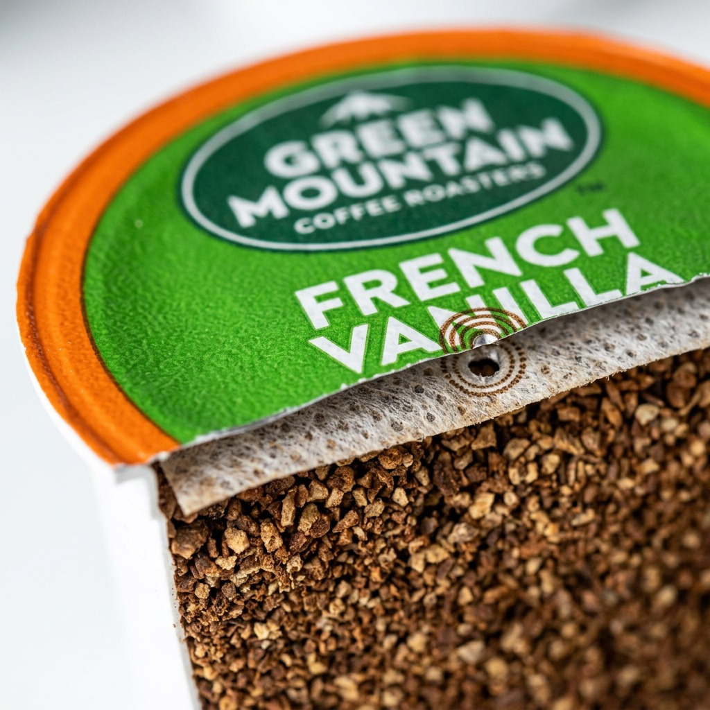Extreme close-up of a K-Cup's multi-layered filter and the texture of its French Vanilla coffee grounds.