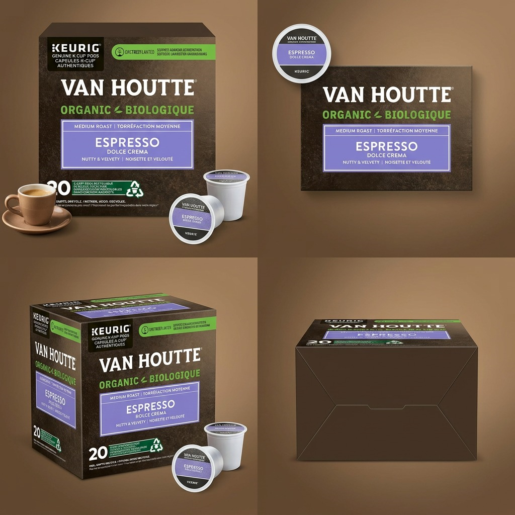 Grid display of Van Houtte Espresso Dolce Crema K-Cups from multiple angles.