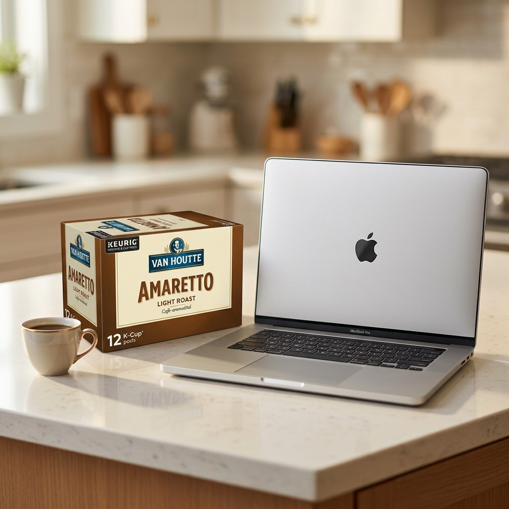A picture of a Van Houtte Amaretto K-Cup coffee box, as pictured, is placed directly on top of and centered on a 15-inch silver MacBook Pro laptop, both resting on a light wood desk, clearly illustrating their relative sizes.