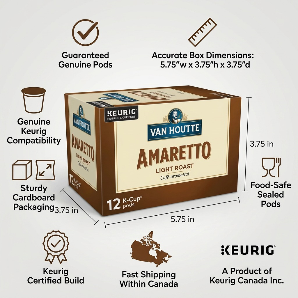 Infographic layout of the Van Houtte Amaretto 12-count coffee pods highlighting product authenticity, compatibility, and fast Canadian shipping.