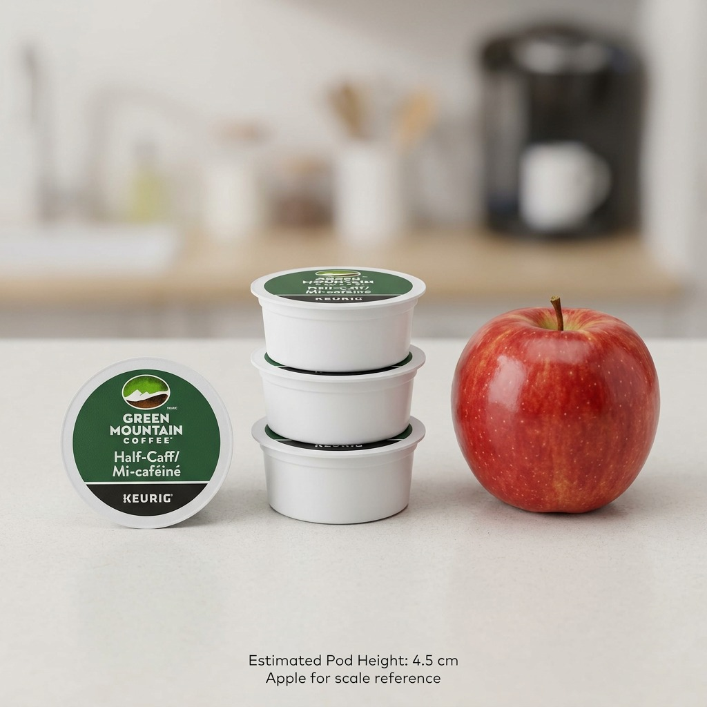 A size comparison image showing a stack of three Green Mountain Half-Caff K-Cup pods next to an apple, with a kitchen appliance in the background.
