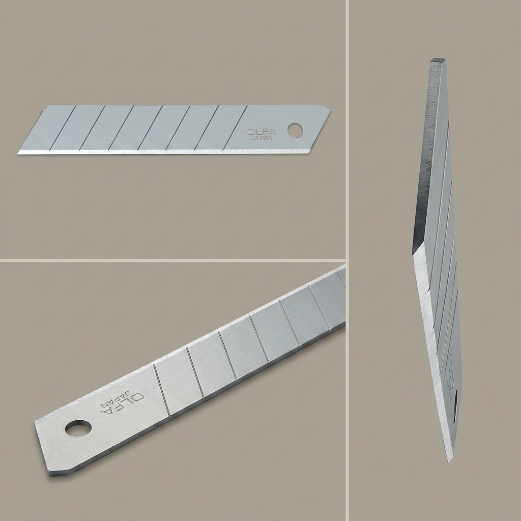 A product matrix featuring a single OLFA 18mm snap blade from three different angles in a grid.