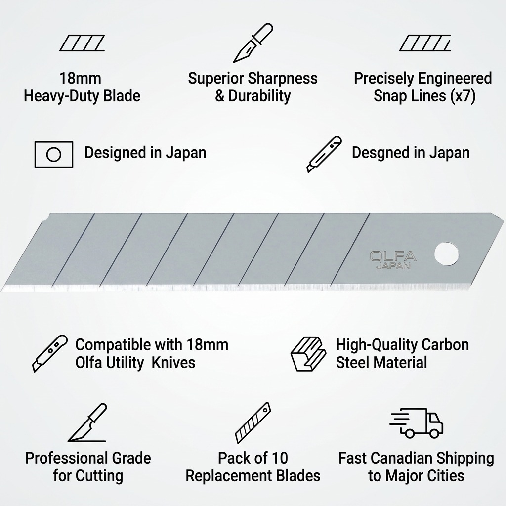Visual infographic matrix for Olfa LB-10B snap-off blades, highlighting their reliability and fast Canadian shipping.