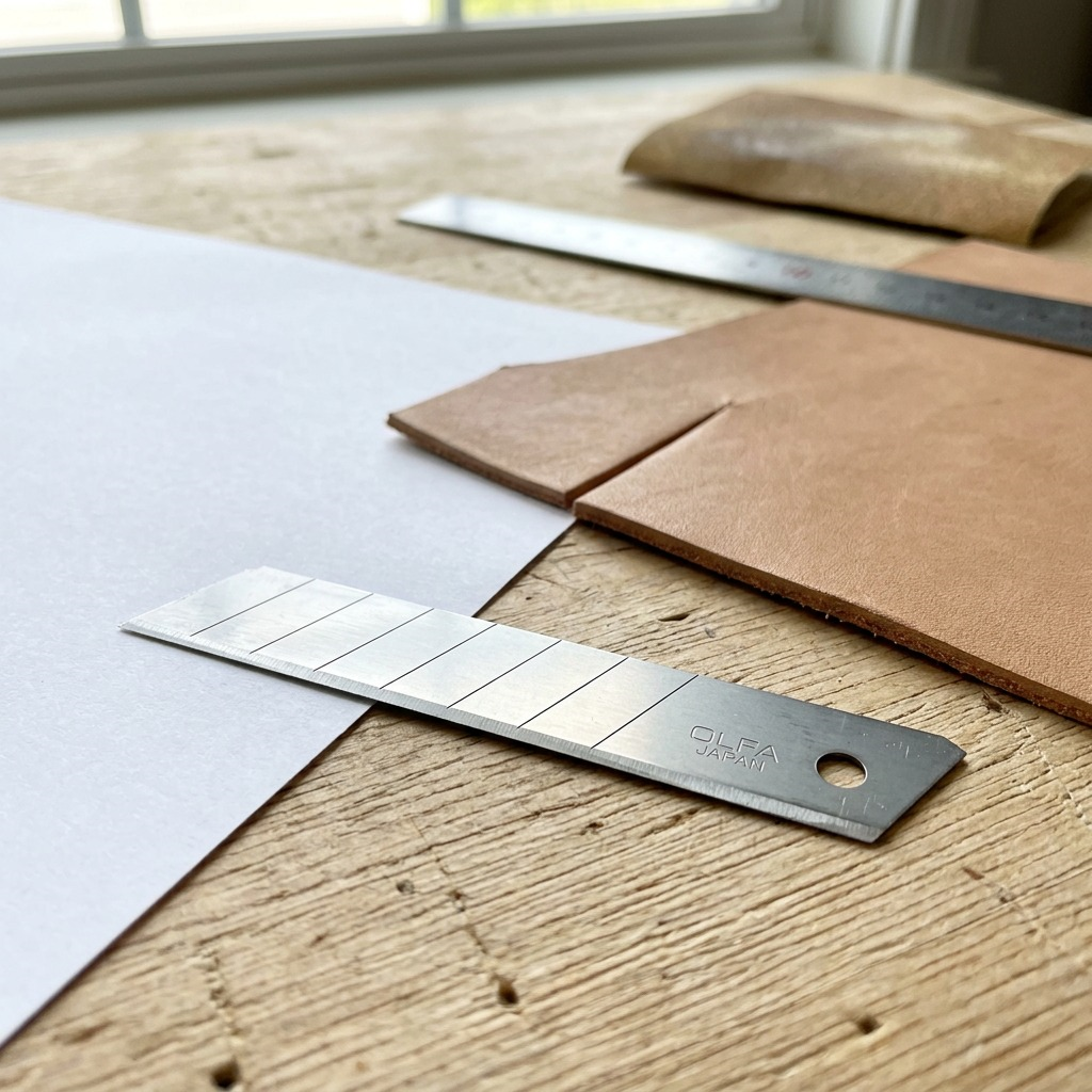 A single Olfa LB-10B snap blade on a wooden cutting surface next to some cut paper and leather.