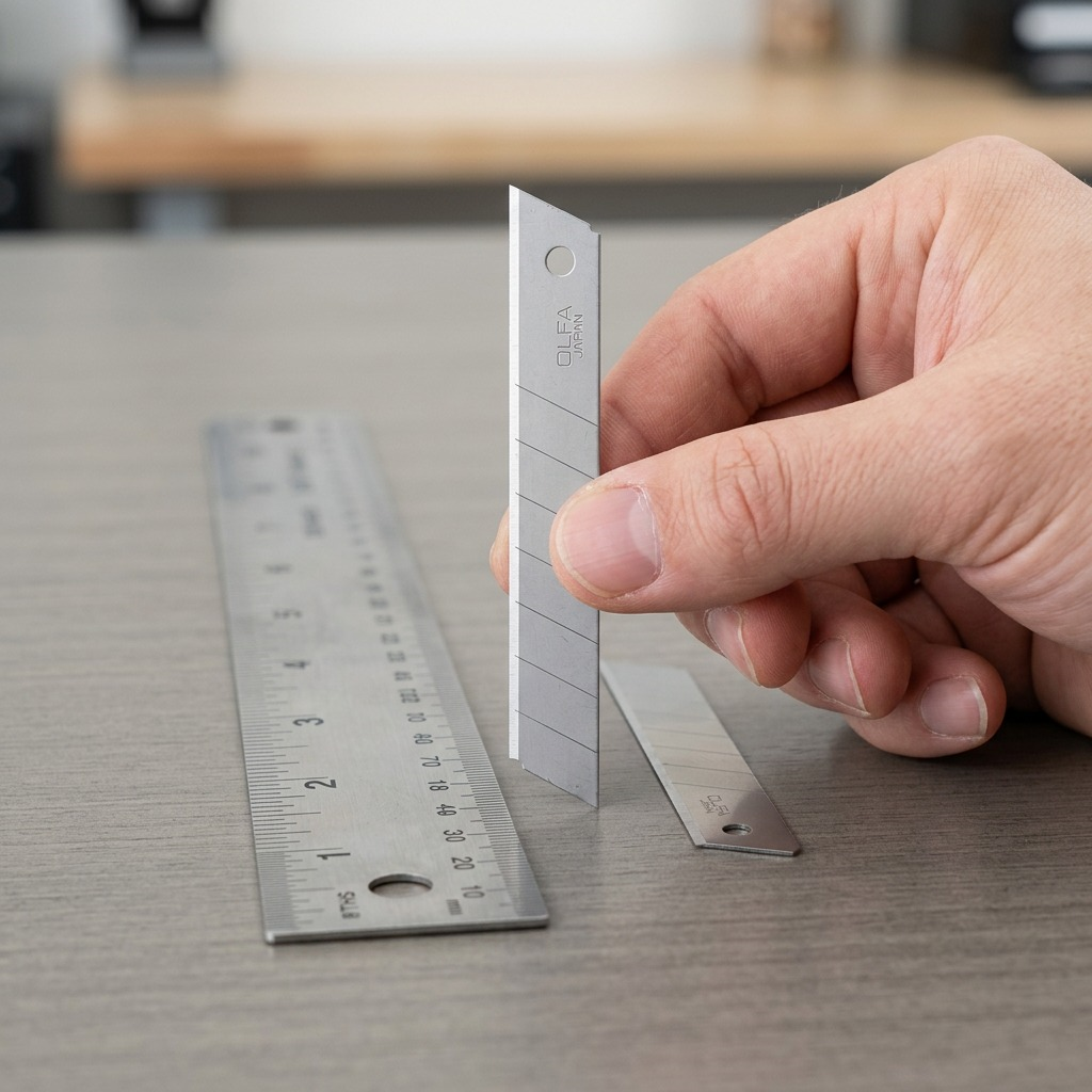 A detail shot showing the OLFA 18mm snap blade next to the thumb and index finger for size reference.