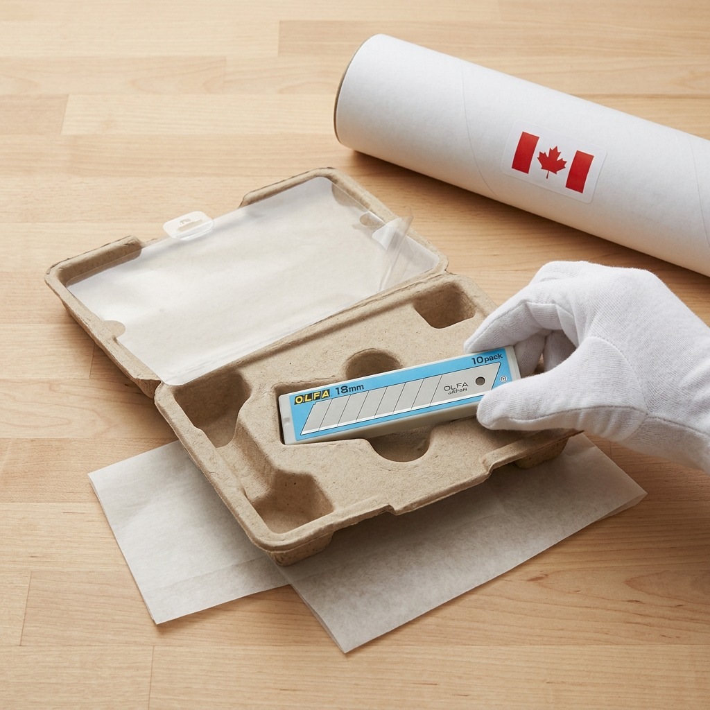 An open molded protective tray contains a 10-pack of OLFA 18mm snap blades, with tissue paper, a clear film lift tab, and a shipping tube in a realistic unboxing scene.
