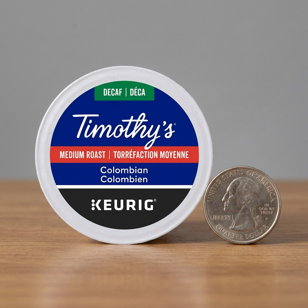 Scale Reference: A single Timothy's Decaf Colombian K-Cup is clearly sized against a US Quarter.