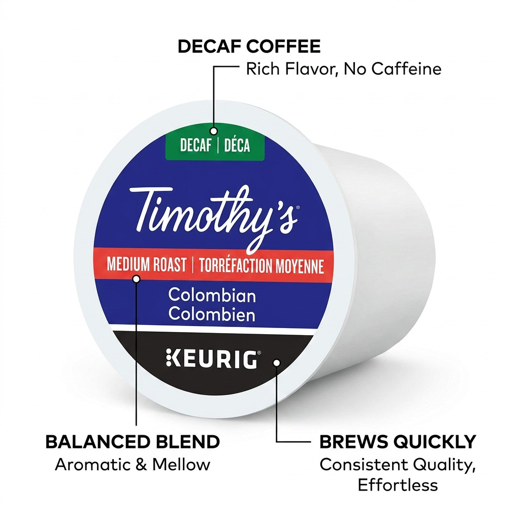 A functional feature callout graphic of the decaf Timothy's Colombian K-Cup, showcasing key brew benefits.