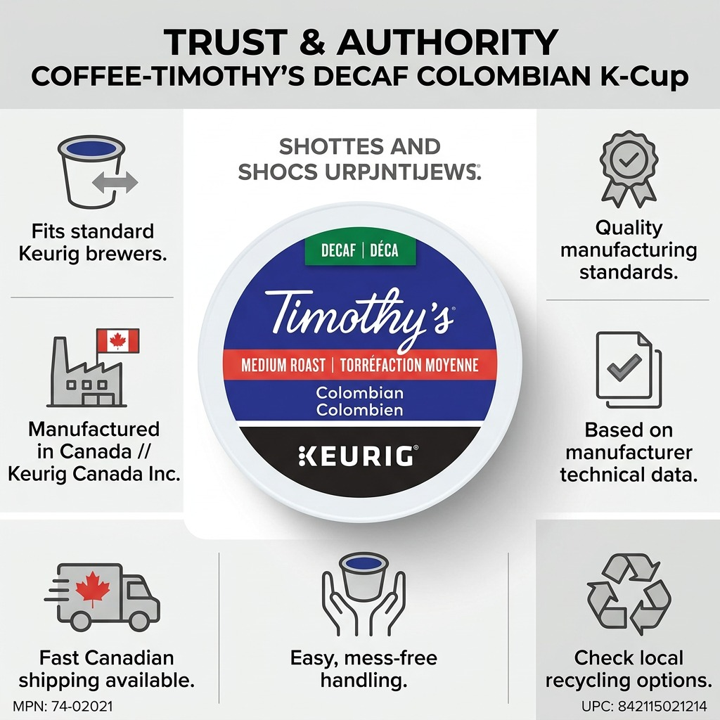 An ecommerce trust and authority infographic centered around Timothy's Decaf Colombian K-Cup pod with supporting factual icons.