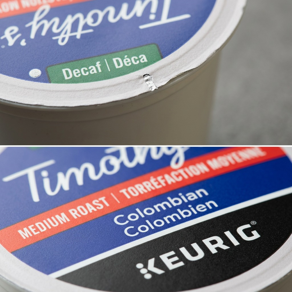 Extreme macro view showing the textured heat-seal rim, fine lidding foil, and clear text on a Timothy's Decaf K-Cup.