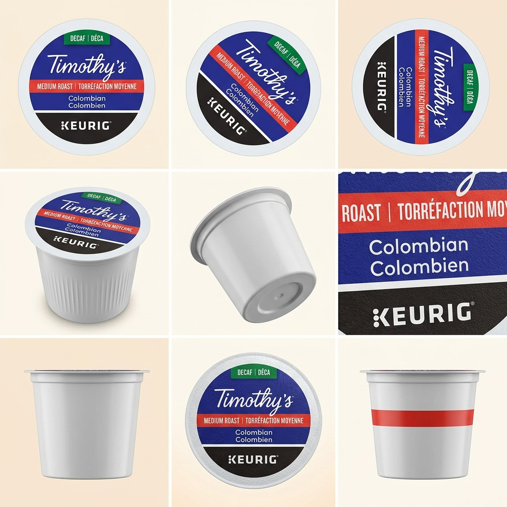 A premium 3x3 e-commerce grid showing the specific Timothy's Decaf Colombian K-Cup pod from nine different angles.