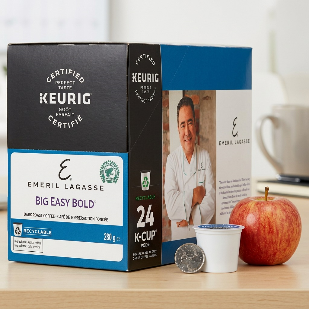 A photograph of the Emeril K-Cup box shown against a common household object to communicate scale.