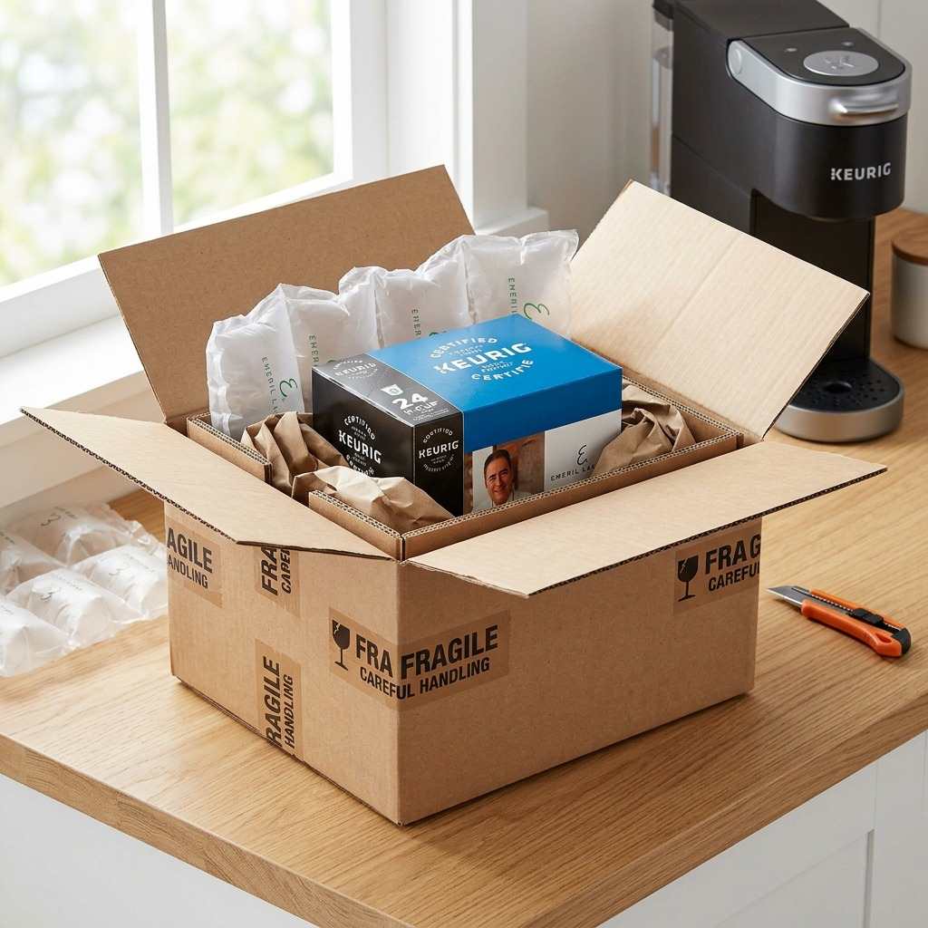 An unboxing scene shows the Keurig coffee box, an open bubble mailer, and a protective corner, emphasizing transit security.