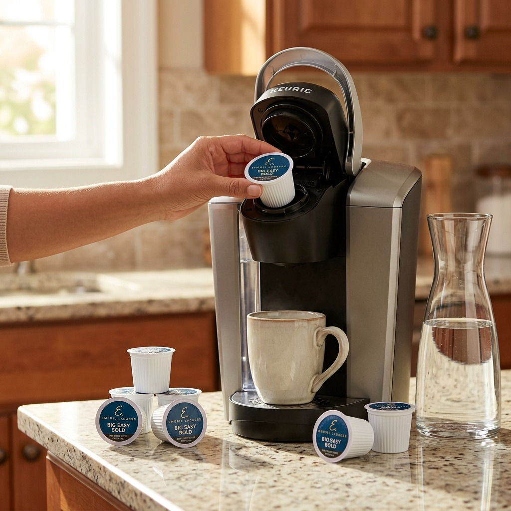 Lifestyle image: An Emeril's Big Easy Bold K-Cup pod is brewed in a Keurig machine within a kitchen.