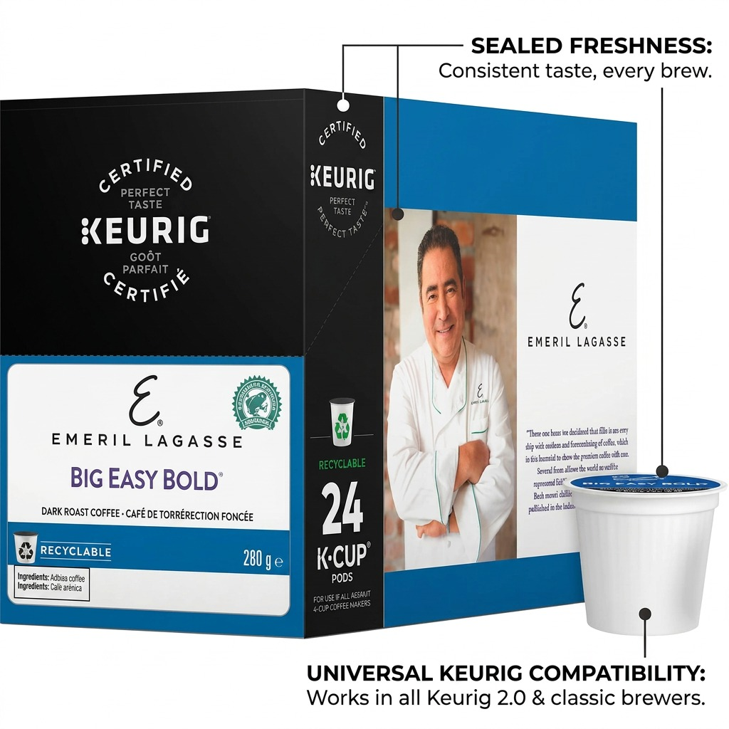 Operational feature callout for Emeril's Big Easy Bold K-Cup coffee.