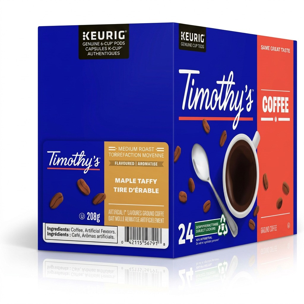 A pure high-resolution ecommerce hero shot of the Timothy's Maple Taffy K-Cup box.