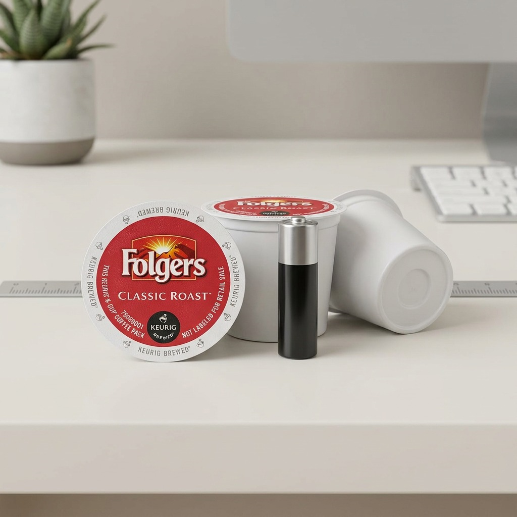 A realistic scale comparison showing two Folgers Classic Roast K-Cup pods next to a standard AA battery.