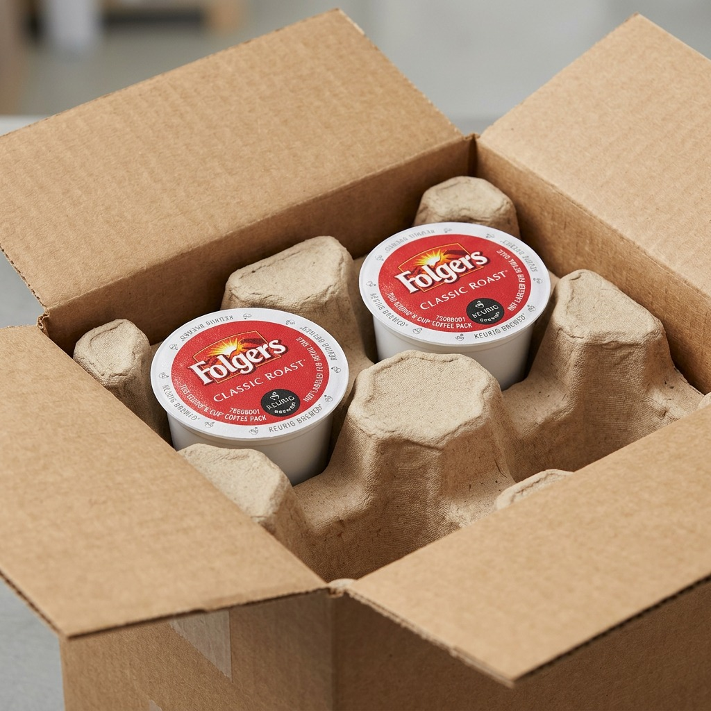 A high-resolution product shot showing two Folgers K-Cup pods (as seen in image_0.png) nestled in custom-fit biodegradable protective inserts within an open shipping carton, demonstrating perfect transit condition.