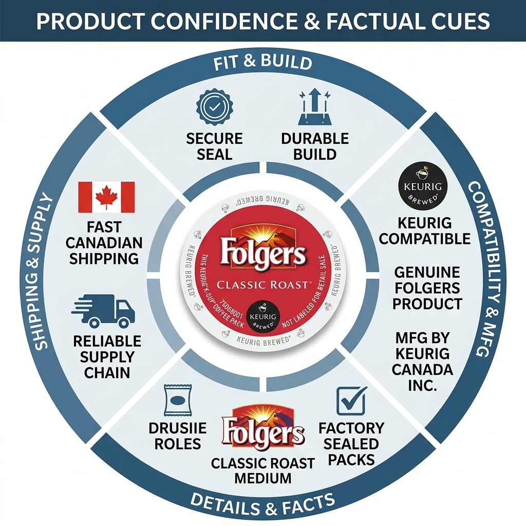 An infographic for Folgers K-Cup coffee, highlighting manufacturer details, key specifications, Canadian cross-compatibility, and reliable shipping.