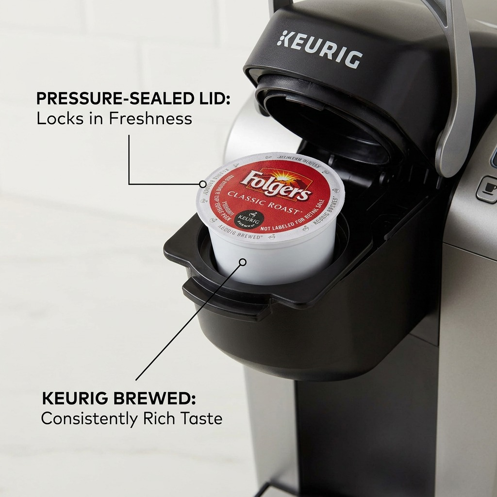 Keurig K-Cup machine with Folgers Classic Roast pod, highlighting the auto-lock feature and "KEURIG BREWED" seal ensuring fresh coffee.