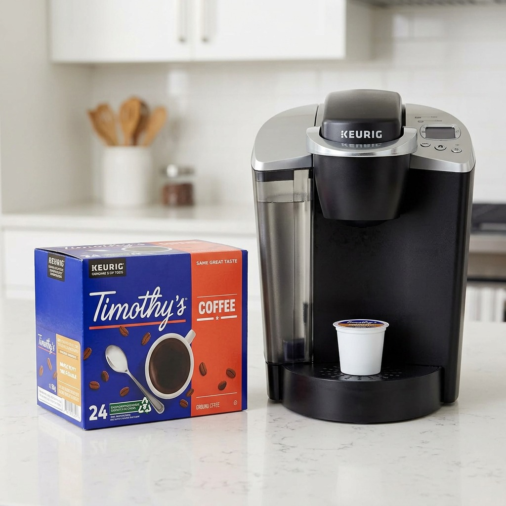 Timothy's Maple Taffy 24-count box scaled beside a standard K-Classic brewer on a kitchen counter.