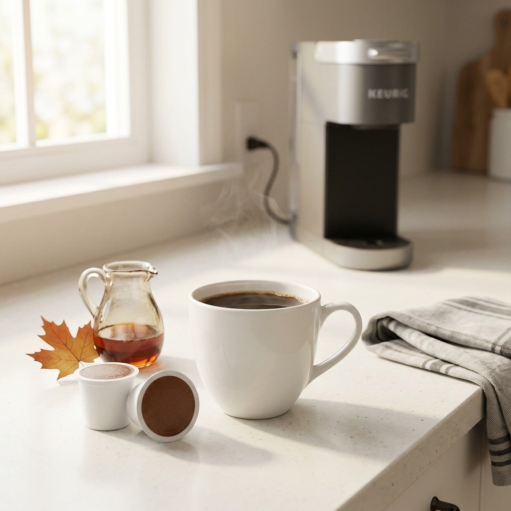 Lifestyle photo showing a white mug filled with black coffee in a neutral kitchen, with realistic texture.