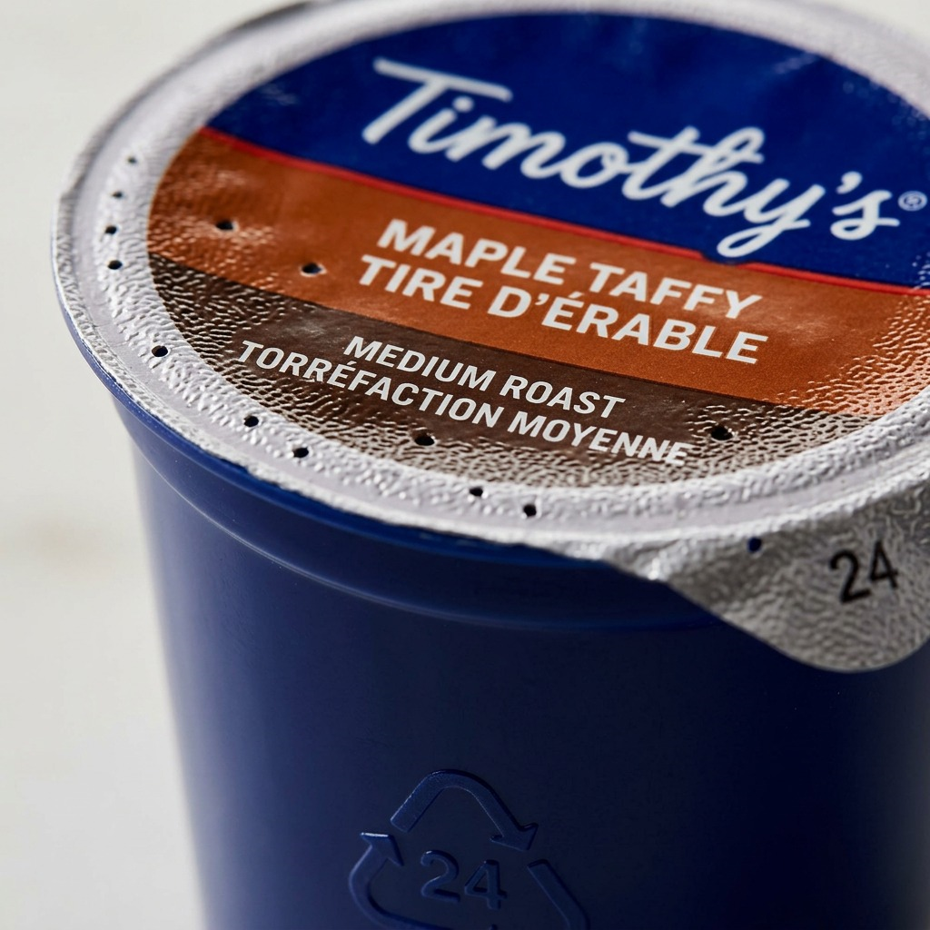 Macro shot of Timothy's Maple Taffy K-Cup with foil texture and recycle 5 logo.