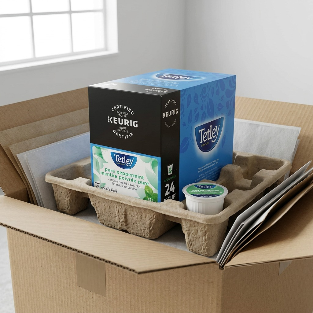 A close-up of a well-protected Tetley Keurig K-Cup box in transit packaging, with an unboxed pod next to it.