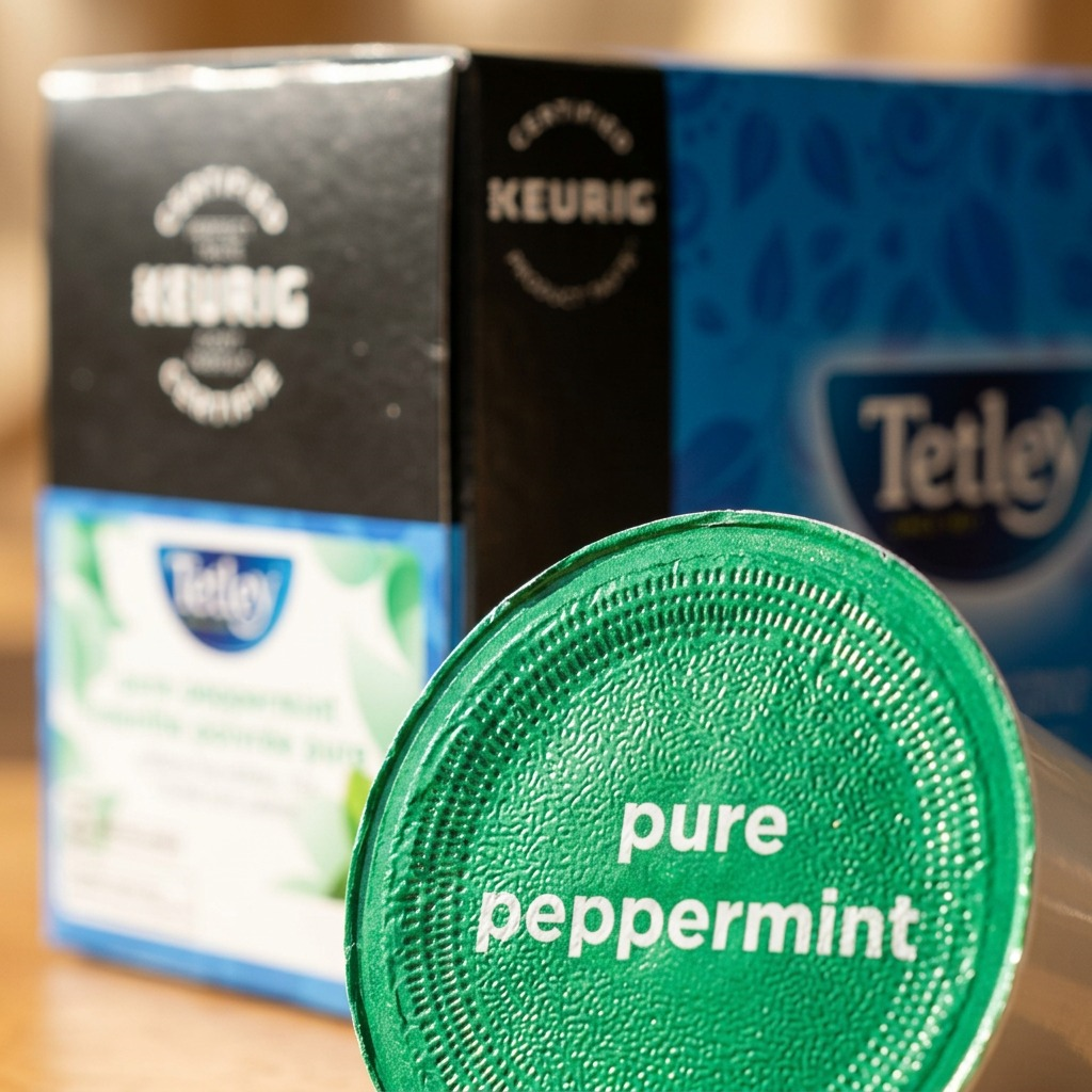 Extreme close-up of a Tetley Pure Peppermint K-Cup pod, highlighting the detailed lid print and texture.