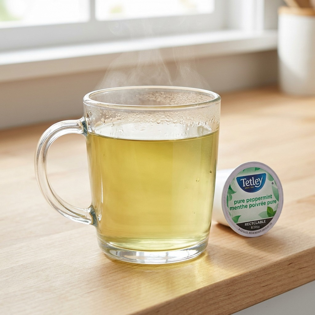 A steaming, clear-glass mug containing light green Tetley Peppermint Tea sits on a light wood kitchen counter, a single K-Cup and the iconic Tetley Peppermint 24s box in the background, out of focus. Natural window lighting creates short, soft shadows.