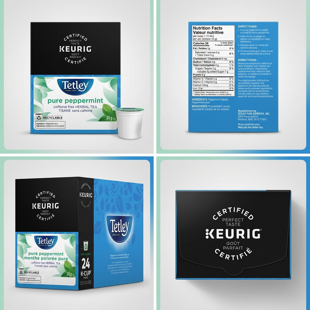 Five identical boxes of Tetley Pure Peppermint K-Cup, as seen in image_0.png, arranged in a comparison grid, showing the 24-count size.