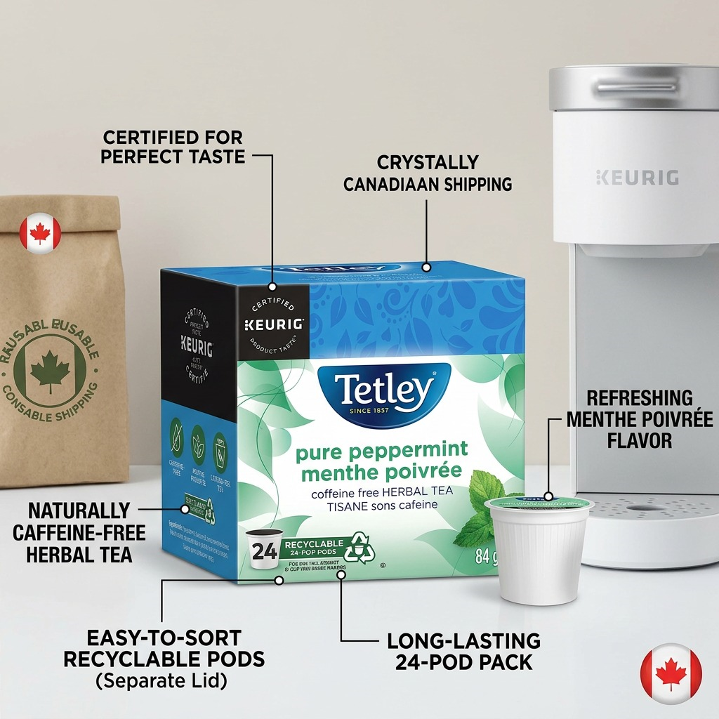 Product benefit infographic for Tetley Peppermint K-Cups. It highlights the Keurig certification for taste, the pure peppermint flavor, the caffeine-free nature, and the recyclable pods.