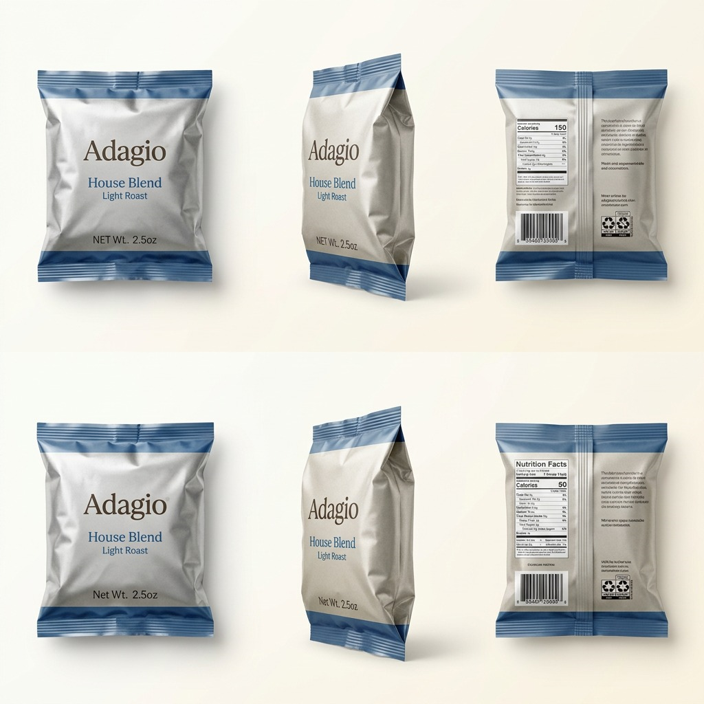 A visual matrix featuring the 2.5oz Adagio House Blend Light Roast Ground Coffee pouch from three different angles: front, side, and rear, with clear seals and branding.