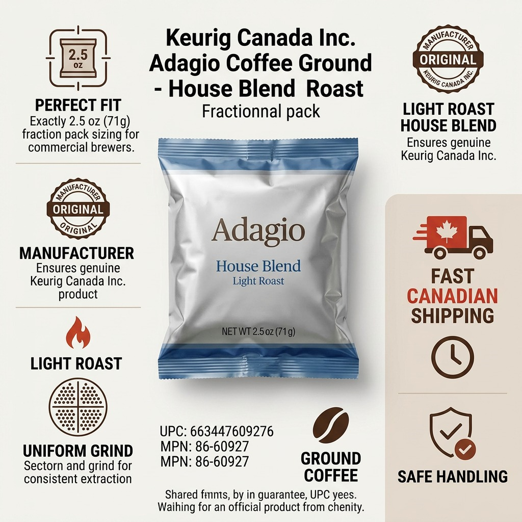 An authoritative product-trust infographic matrix for Adagio coffee. It centers image_0.png, with small icon-plus-copy cues emphasizing key features like fits-commercial-brewers, verified Keurig build quality, light roast profile, and fast Canadian shipping. The design avoids superlatives and focuses on factual information for professional B2B buyers.